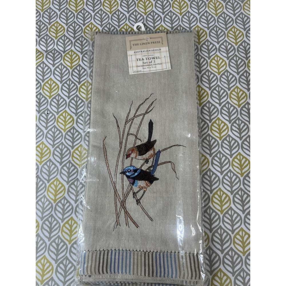 The Linen Press 100% Cotton Tea Towel Set of 2 Embroidered Superb Fairy Wren